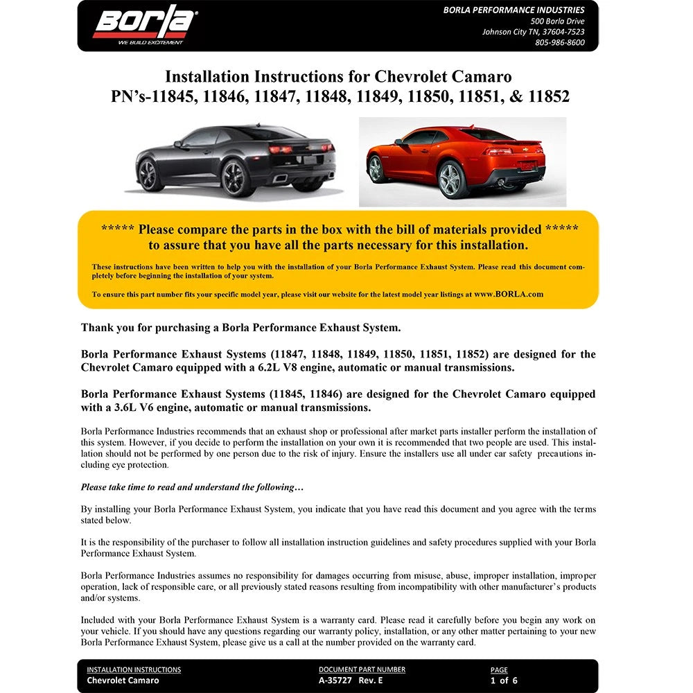 Borla 14-15 Chevy Camaro 3.6L V6 RWD Single Split Rr Exit Touring Exhaust (rear section only)