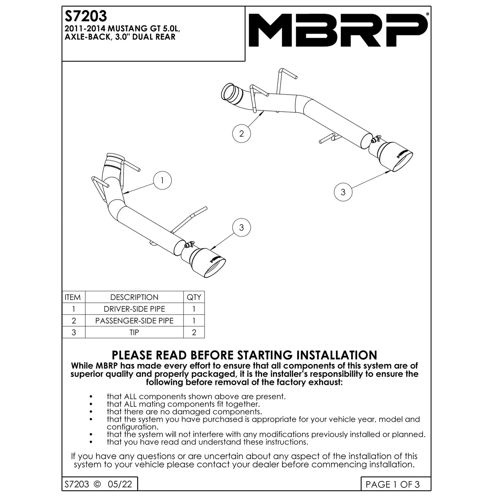 MBRP 11-14 Ford Mustang GT 5.0L T304 SS 3in Dual Axle-Back with Carbon Fiber Tips (Race Version)