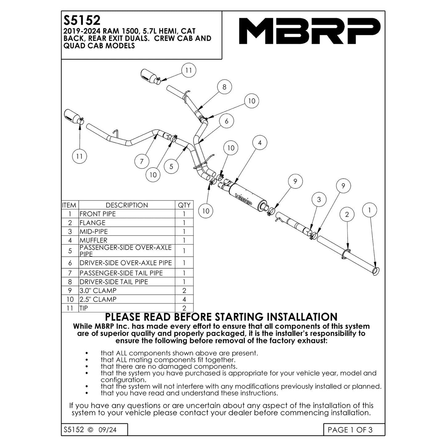 MBRP 2019 Ram 1500 5.7L (CrewCab & QuadCab ONLY) 2.5in Cat Back Dual Split Rear w/ 4.5in Tip - T304