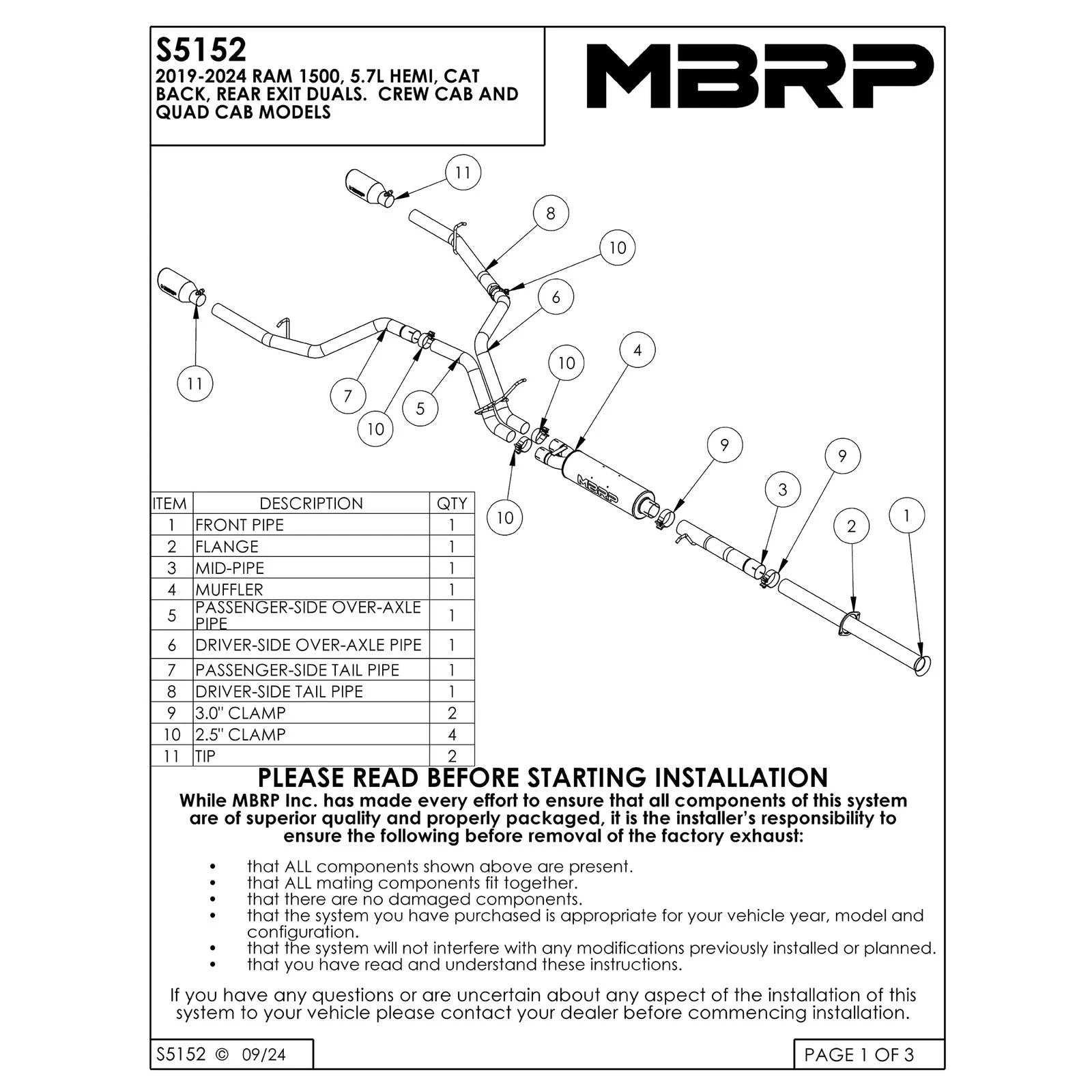 MBRP 2019 Ram 1500 5.7L (CrewCab & QuadCab ONLY) 2.5in Cat Back Dual Split Rear w/ 4.5in Tip - T304