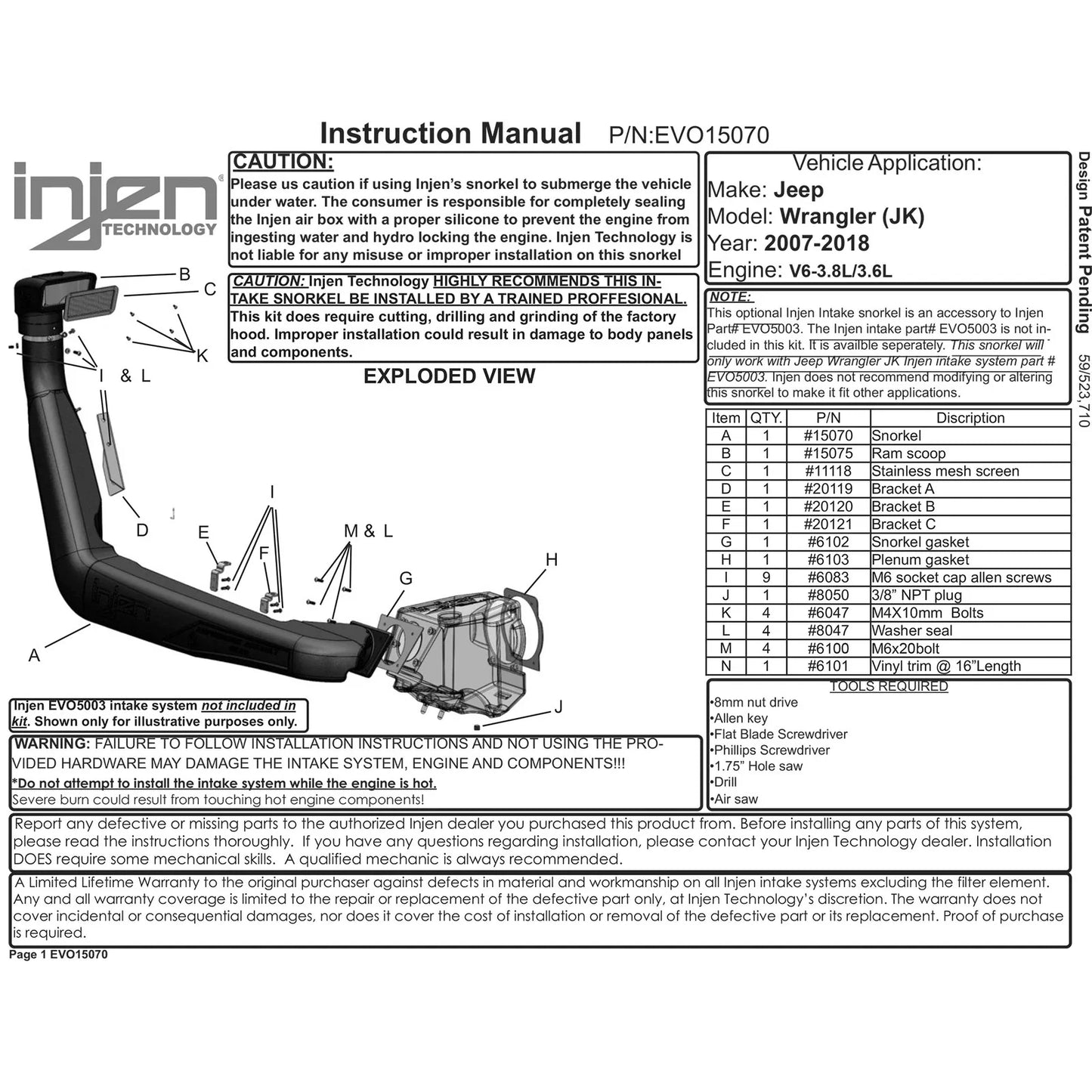Injen 07-18 Jeep Wrangler (JK) 3.6L V6 Deep Water Crossing Snorkel for Evolution Intake