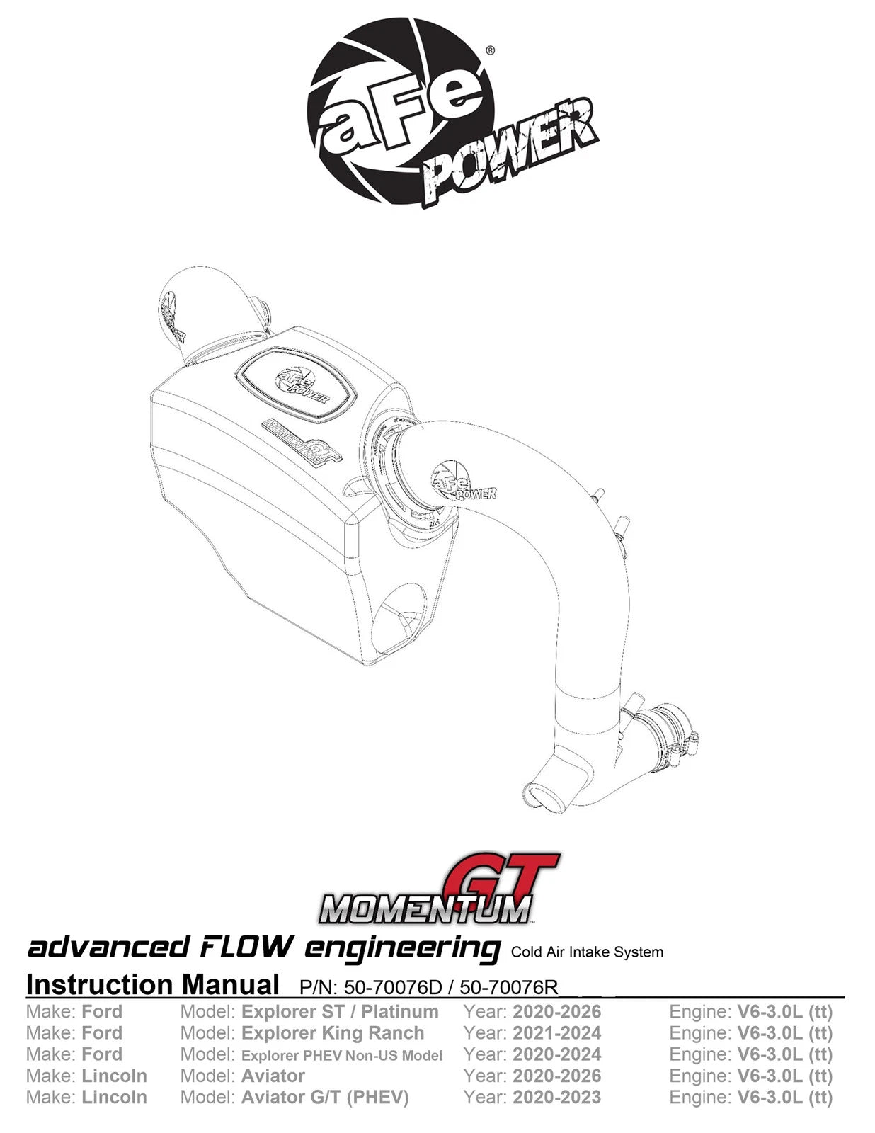 aFe Momentum GT Pro Dry S Cold Air Intake System 20-21 Ford Explorer ST V6-3.0L TT