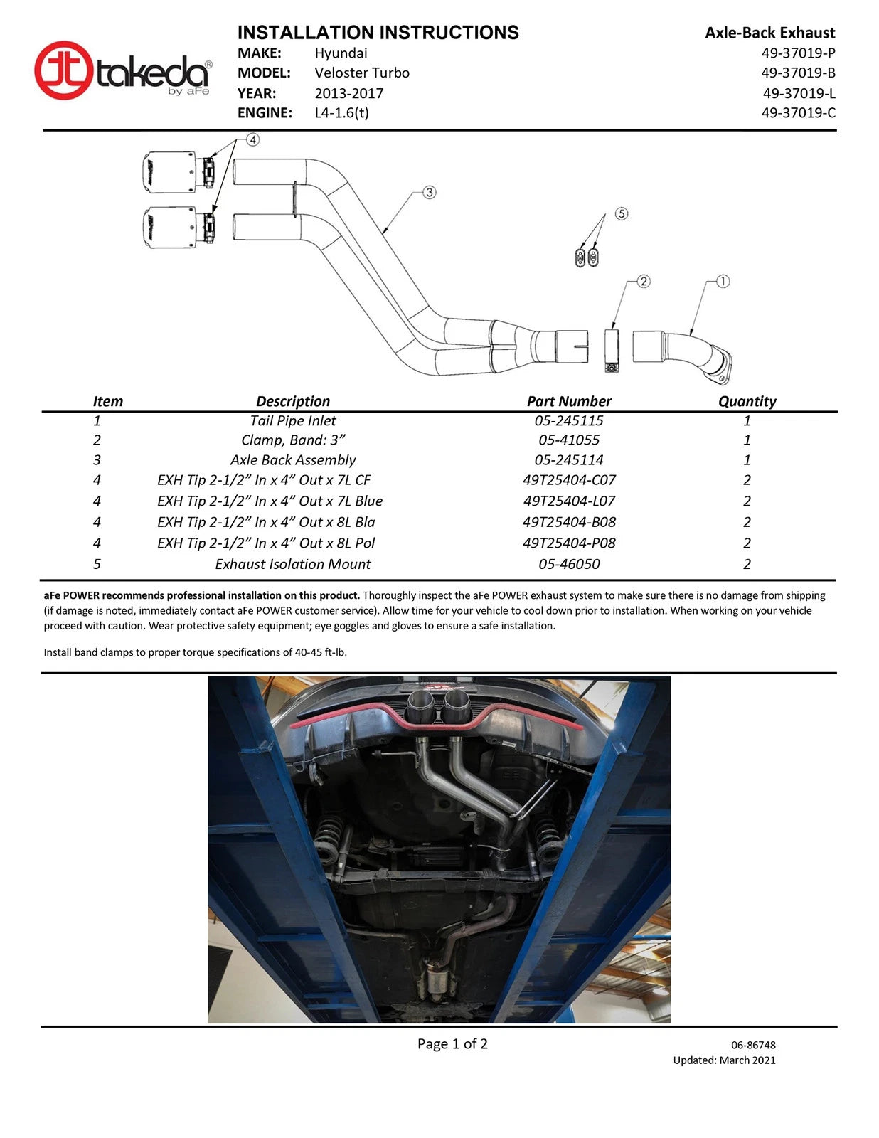 aFe Takeda 13-17 Hyundai Veloster L4-1.6L 2-1/2in 304 SS Axle-Back Exhaust w/ Blue Flame Tips