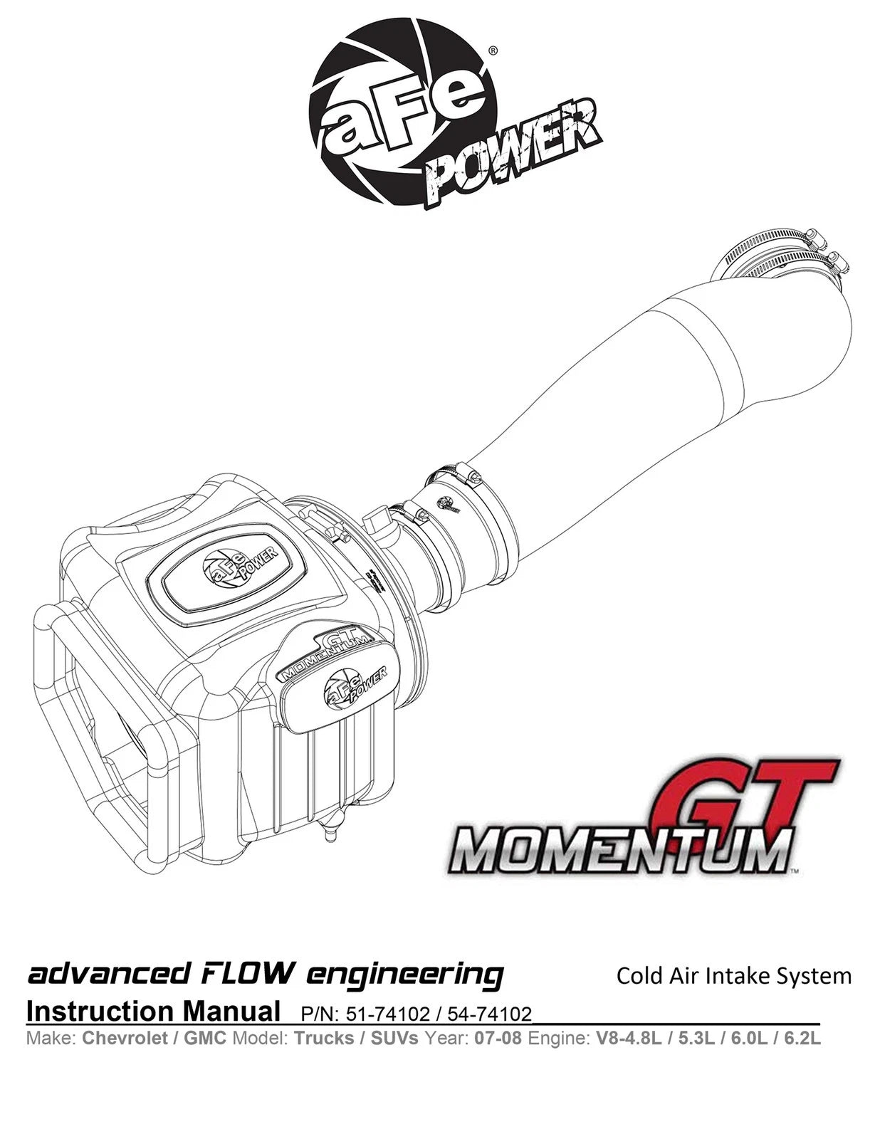 aFe Momentum GT Stage-2 Si PRO 5R Intake System GM Trucks/SUVs V8 4.8L/5.3L/6.0L/6.2L (GMT900) Elect