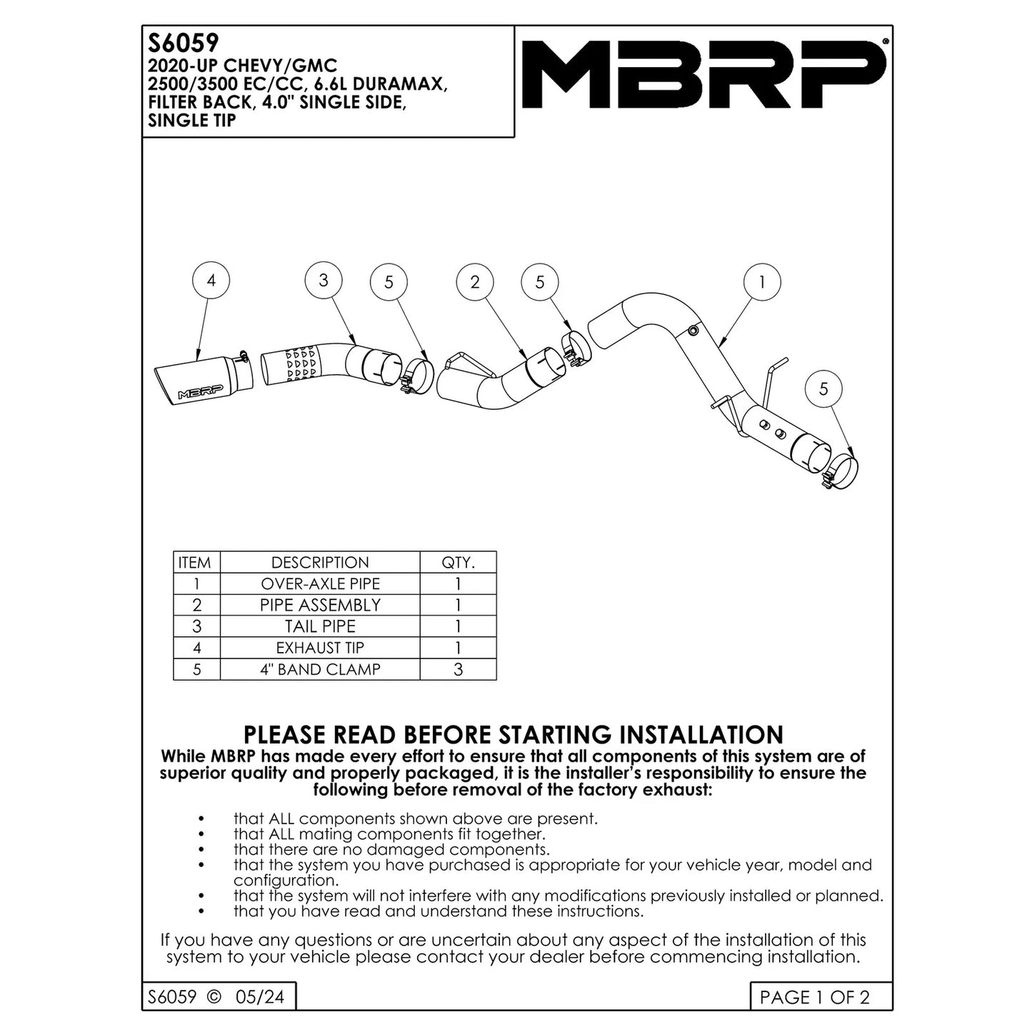 MBRP 2020+ GMC/Chevy 2500/3500 6.6L Duramax 4in Mand Bent Tubing Pro-Ser Cat Back Single Side - 304