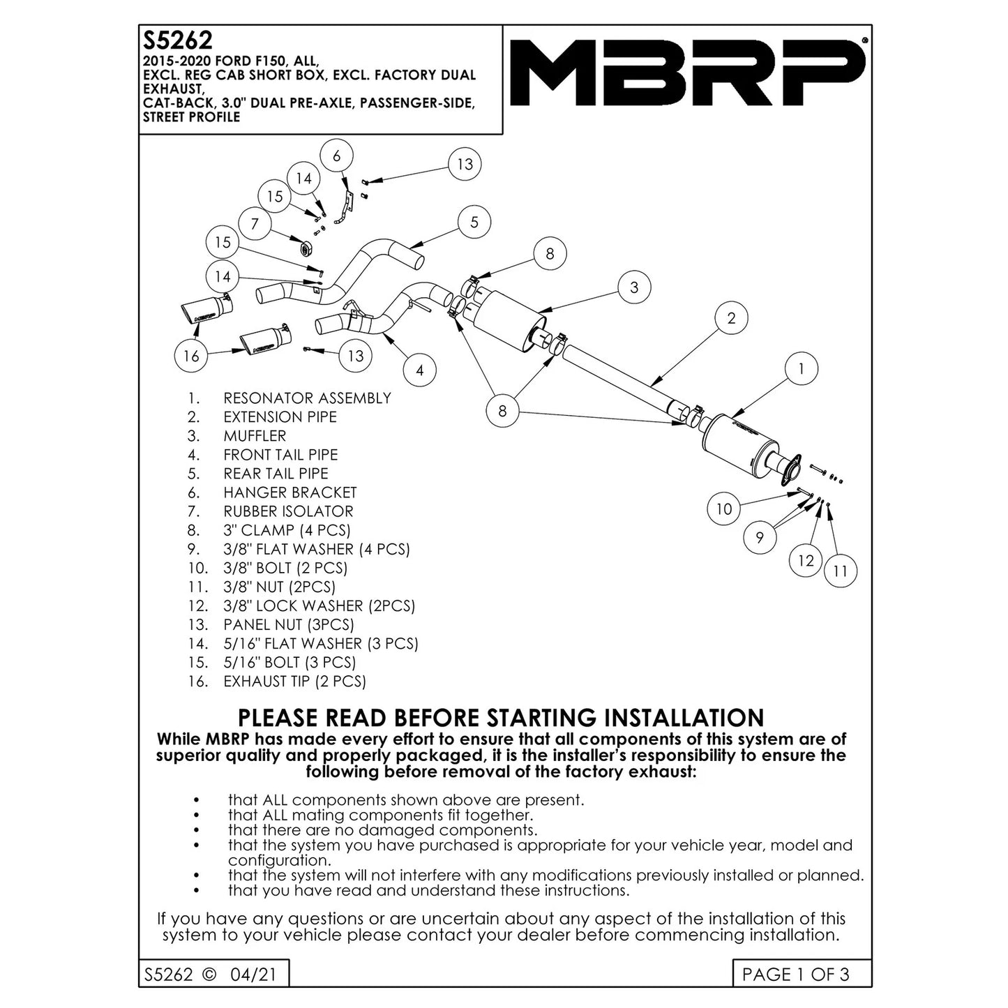 MBRP 15-20 Ford F150 Pre-Axle 4in OD Tips Dual Outlet 3in Black Coated Cat Back Exhaust