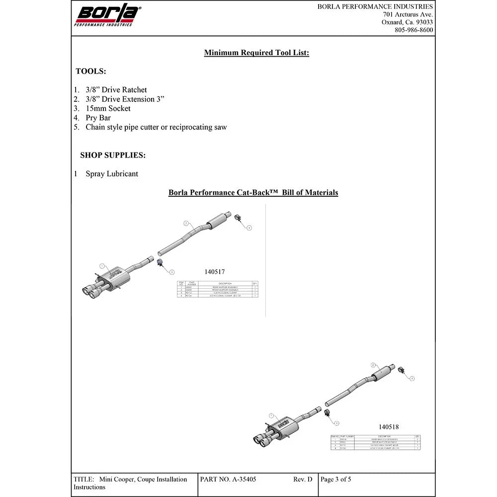 Borla 07-14 Mini Cooper S / Coupe S 1.6L Turbo FWD AT/MT Catback Exhaust