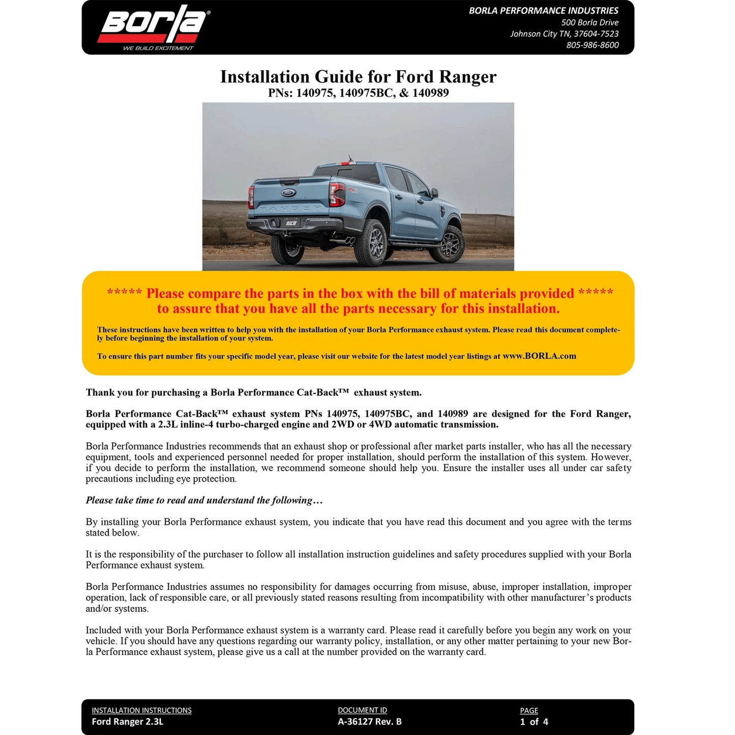 Borla 2024+ Ford Ranger XLT S Type Catback System - Black Chrome