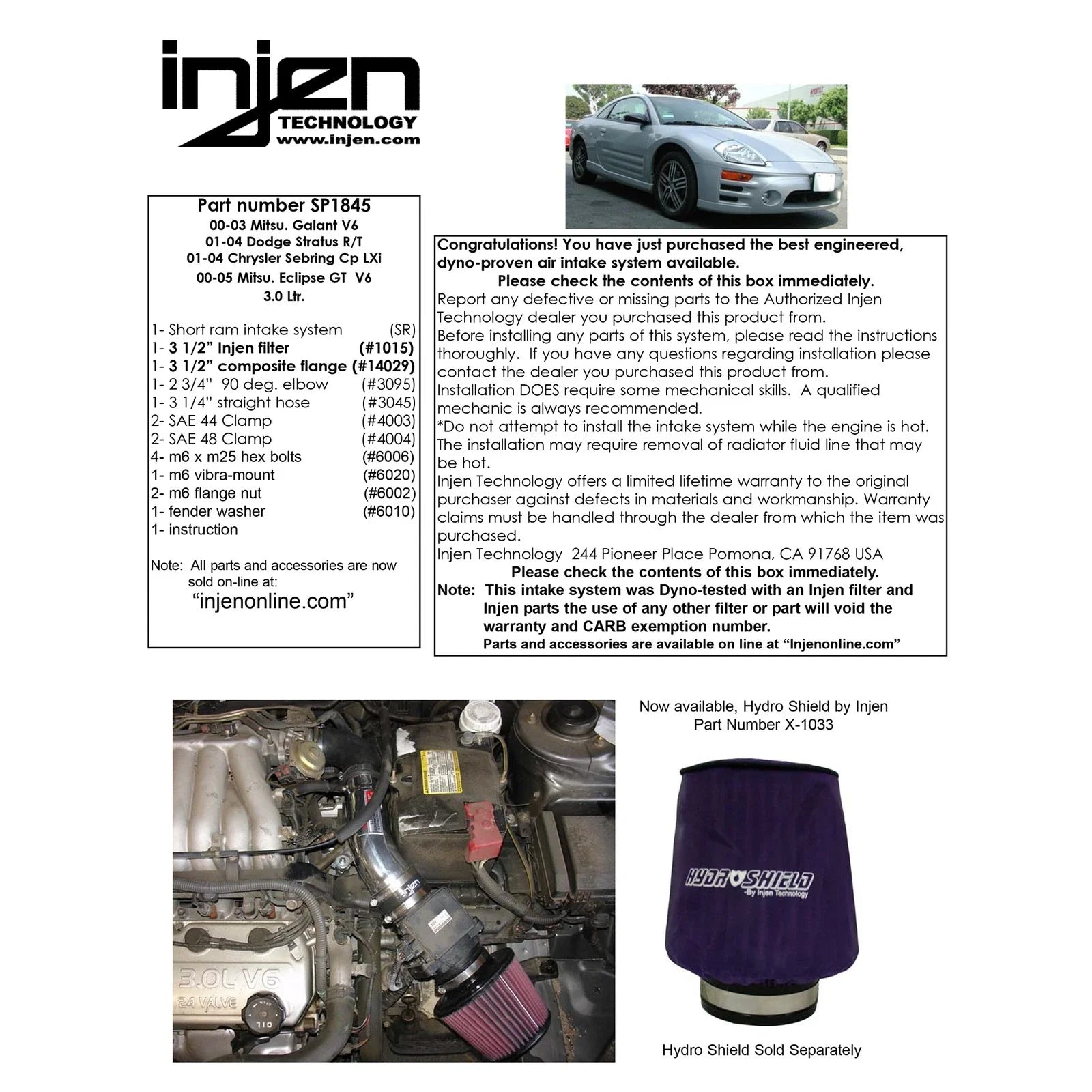 Injen 00-05 Eclipse / 00-03 Galant / 01-04 Sebring / 01-04 Stratus 3.0L V6 Polished Short Ram Intake