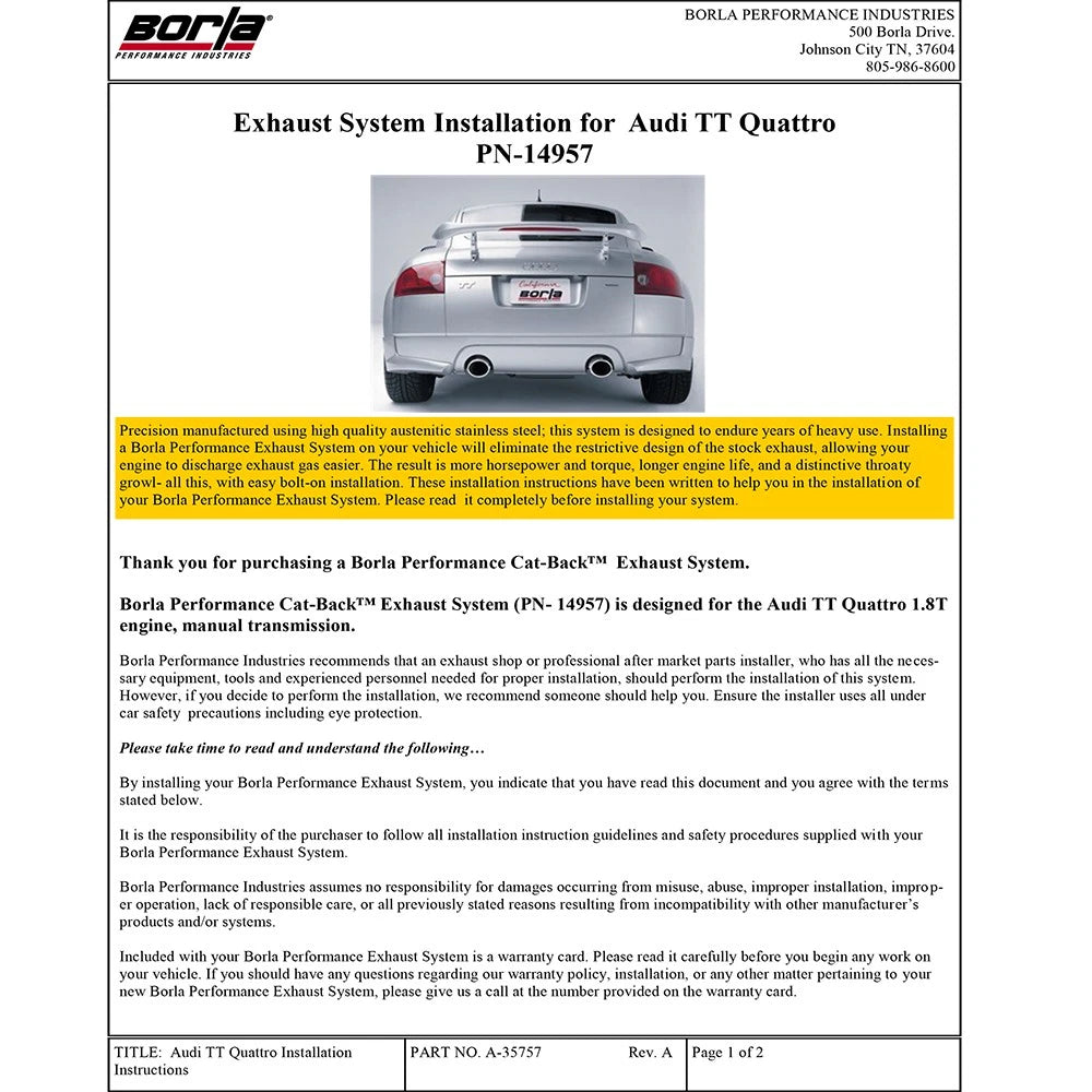 Borla 01-06 Audi TT Quattro 1.8T 225HP MT AWD 2dr Single Split Rear Exit SS Catback Exhaust