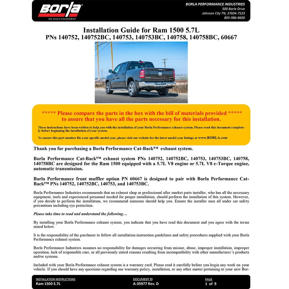 Borla 2019 RAM 1500 5.7L V8 AT 4DR Crew Cab Short Bed S-Type SS Catback Exhaust