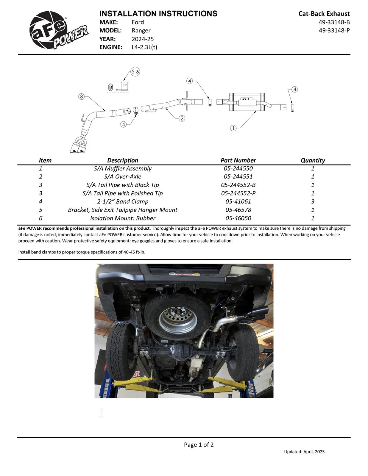 aFe 2024+ Ford Ranger L4-2.3L (t) Vulcan Series 2.5in to 3in Cat-Back Exhaust w/ Polished Tip