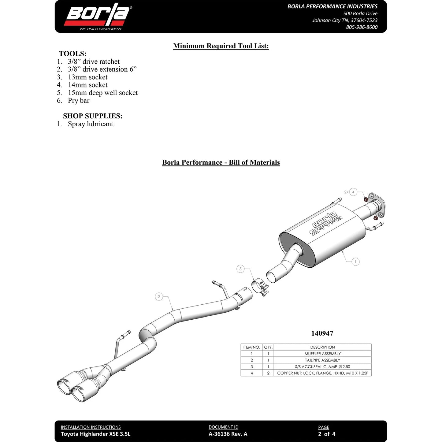 Borla 21-22 Toyota Highlander XSE V6 S-Type Axle-Back