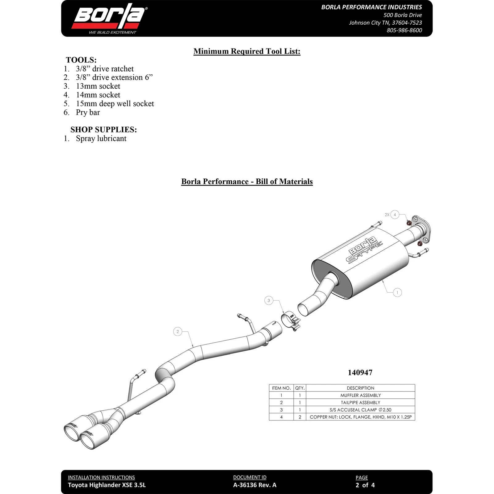 Borla 21-22 Toyota Highlander XSE V6 S-Type Axle-Back