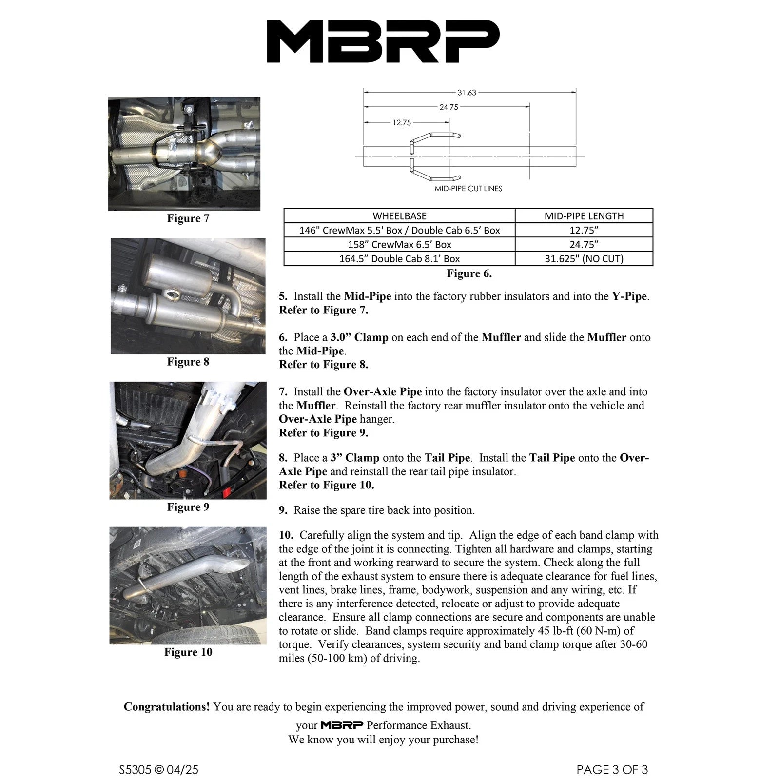 MBRP 22-25 Toyota Tundra 3.4L 3in Cat Back Single Rear Turn Down - Aluminized Steel