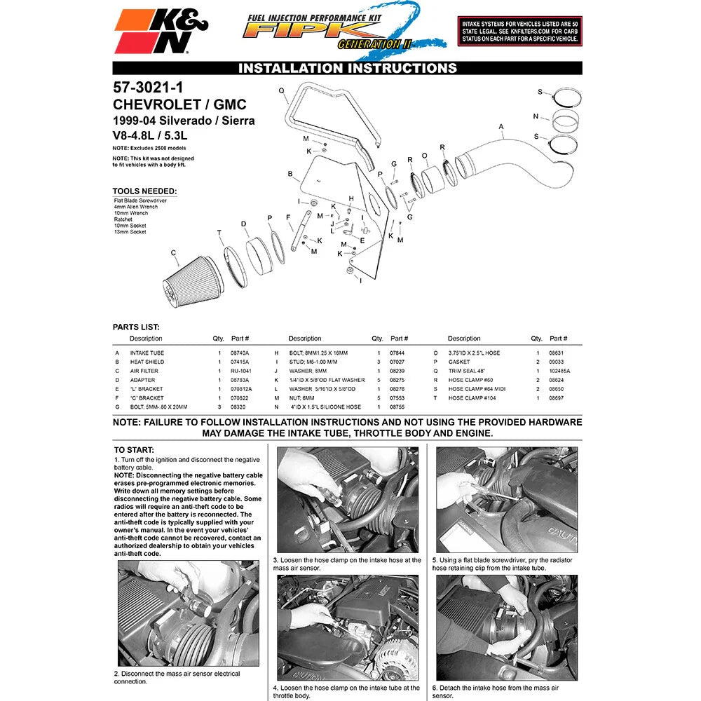K&N 99-04 Chevy Silverado V8-4.8L/5.3L Performance Intake Kit