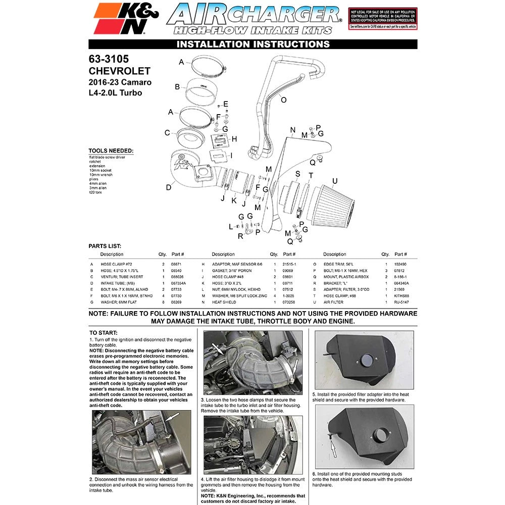 K&N 16-17 Chevrolet Camaro L4-2.0L F/I Turbo AirCharger Performance Intake