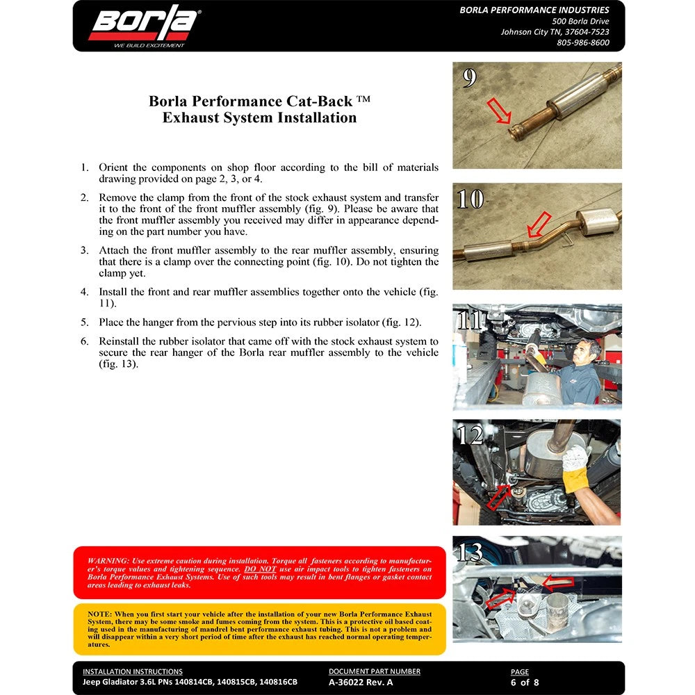 Borla 2020 Jeep Gladiator JT 3.6L V6 AT/MT AWD 2.75-2in Touring Catback Ceramic Blk Tailpipe & Tips