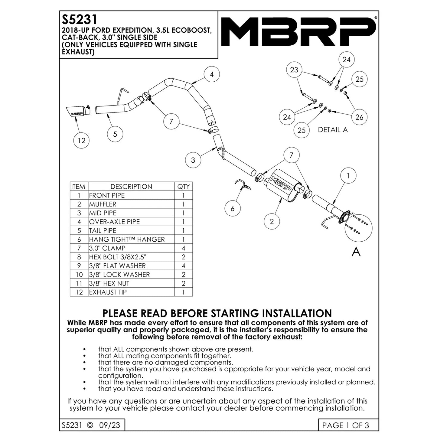 MBRP 18-21 Ford Expedition 3.5L EcoBoost Aluminized Steel 3in Cat-Back - Single Side