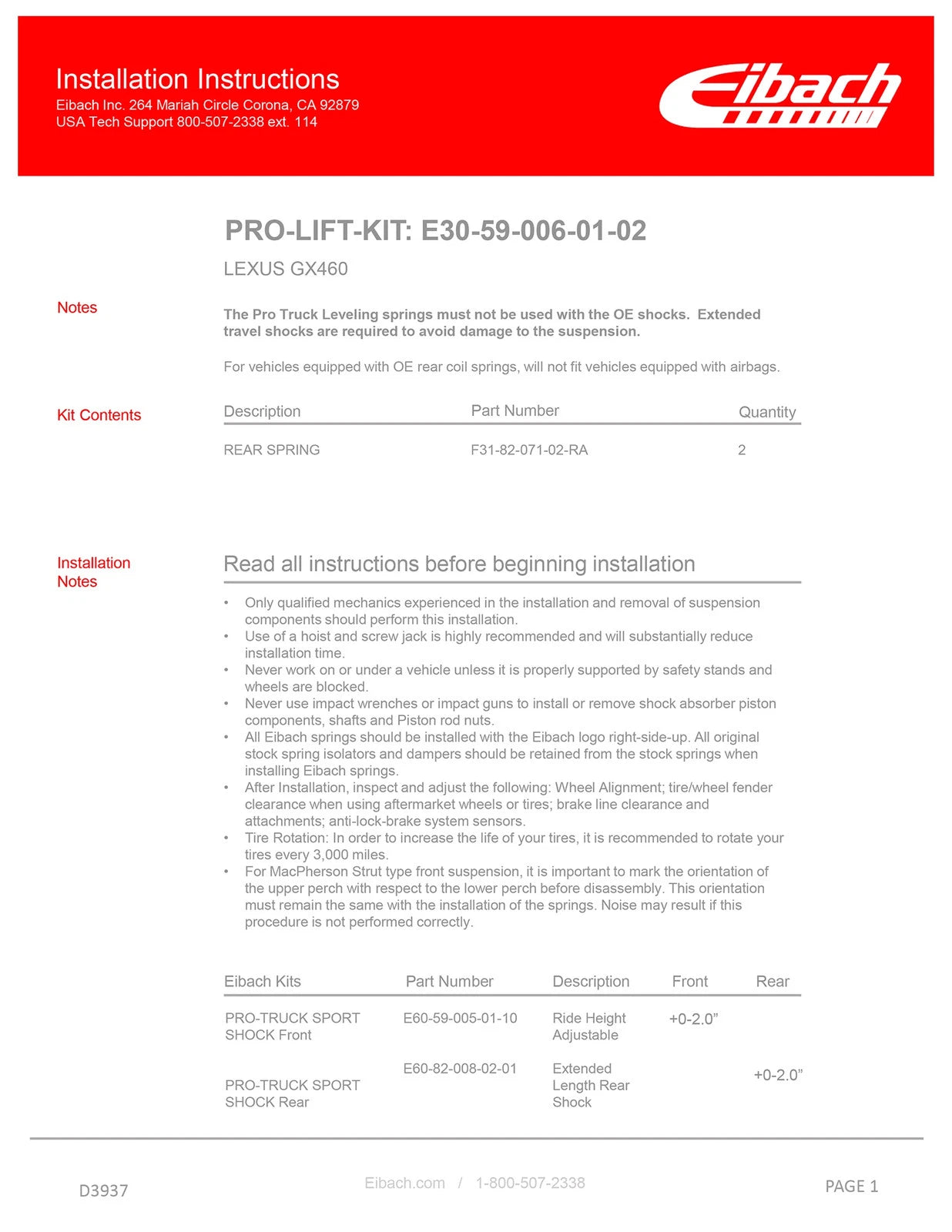 Eibach 10-22 Lexus GX460 (Non-Airbag) Pro-Truck Lift Kit System Stage 2