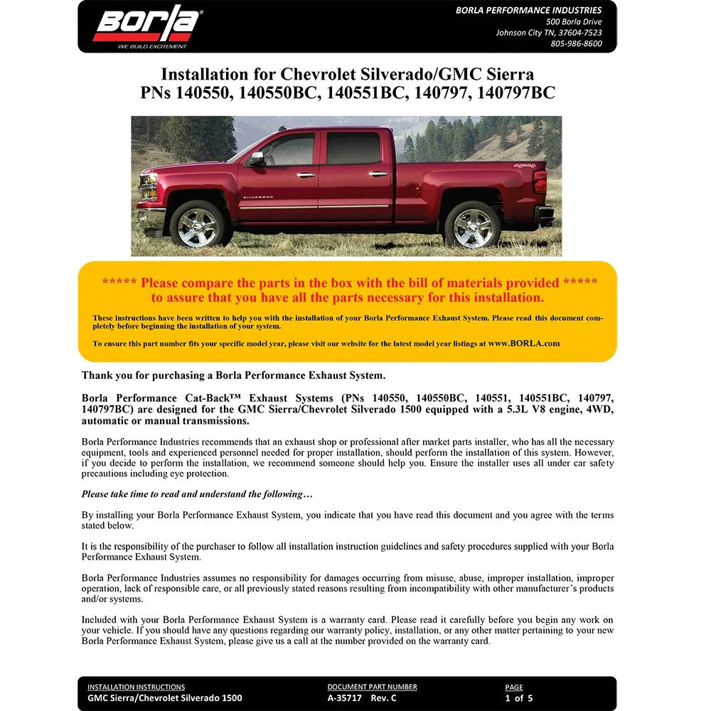 Borla 14-18 Silv/Sierra C/B Exh ATAK 1500 5.3L V8 AT/MT 2&4WD Ext Cab(78.7) Crew Cab(69.3) 143.5 WB
