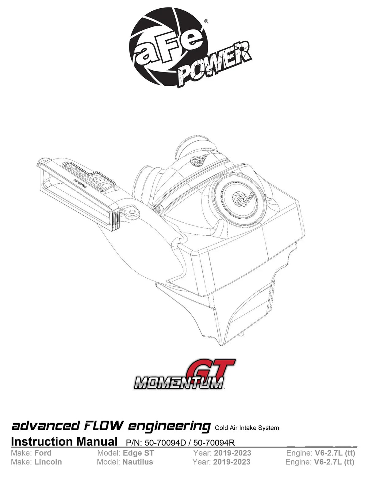 aFe Momentum GT Pro 5R Cold Air Intake System 19-23 Ford Edge ST V6-2.7L (tt)
