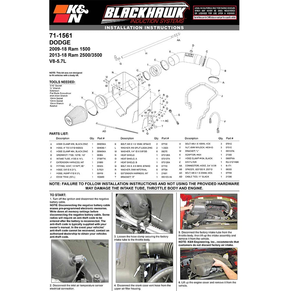 K&N 09-13 Dodge Ram 1500 Pickup 5.7L V8 / 11-13 Ram 1500 5.7L V8 Black Performance Intake Kit