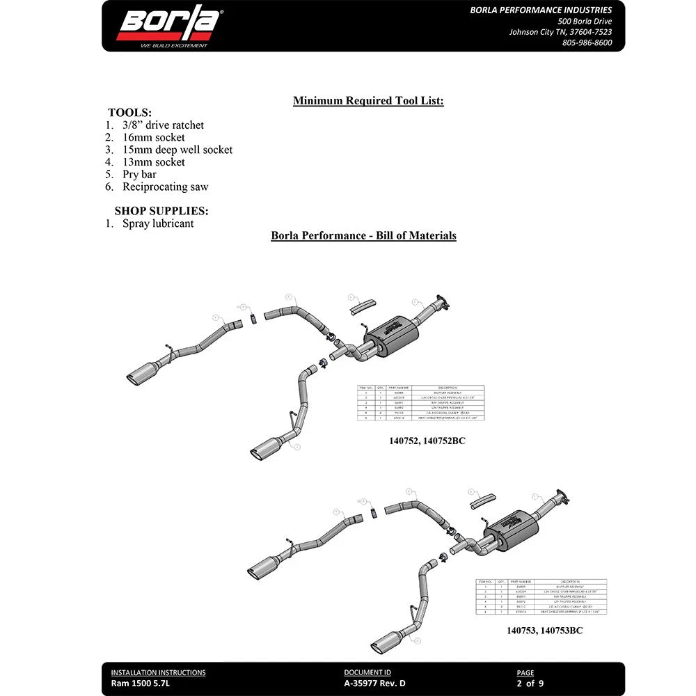 Borla 2019 RAM 1500 5.7L V8 AT 4DR Crew Cab Short Bed S-Type SS Catback Exhaust