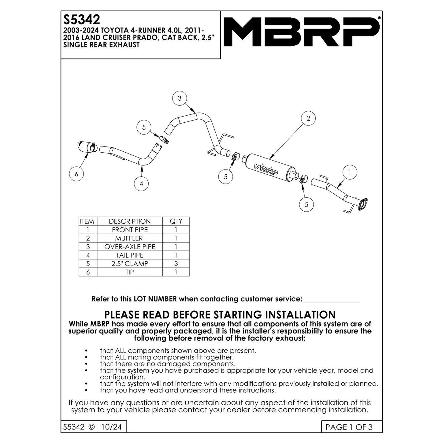 MBRP 10-18 Toyota 4 Runner BLK 4in O.D Tip Single Rear Exit 2.5in Cat Back Exhaust