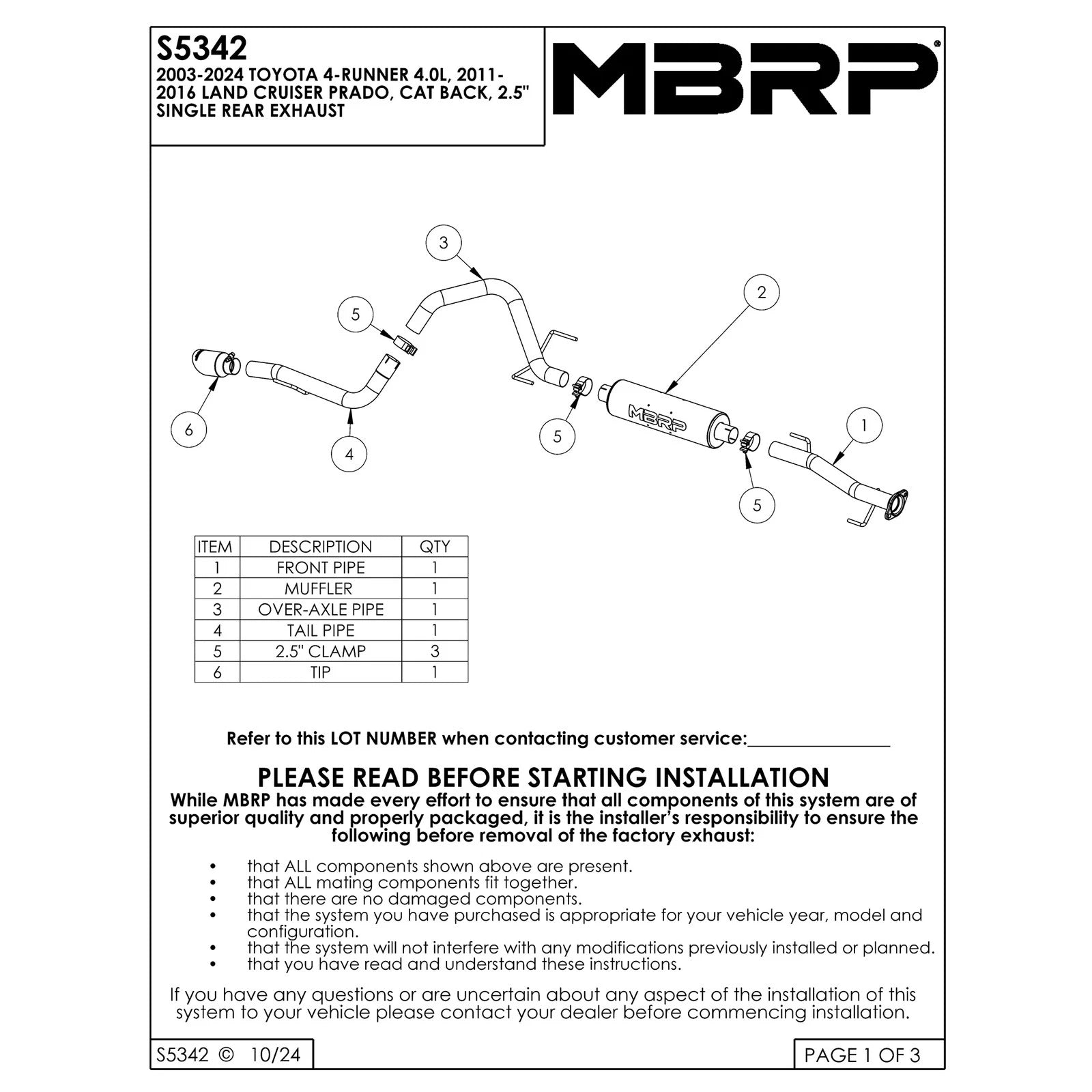 MBRP 10-18 Toyota 4 Runner BLK 4in O.D Tip Single Rear Exit 2.5in Cat Back Exhaust