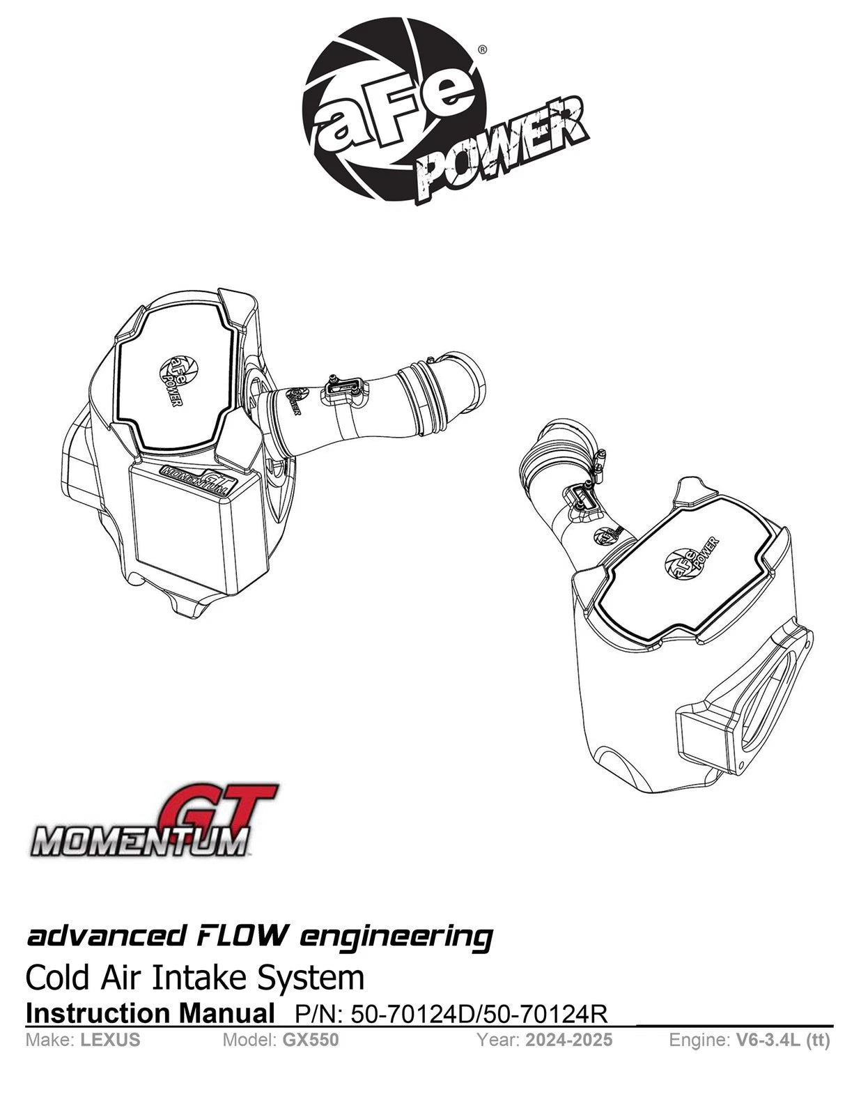 aFe 24-25 Lexus GX550 V6-3.4L Momentum GT Cold Air Intake System w/ Pro DRY S Filters