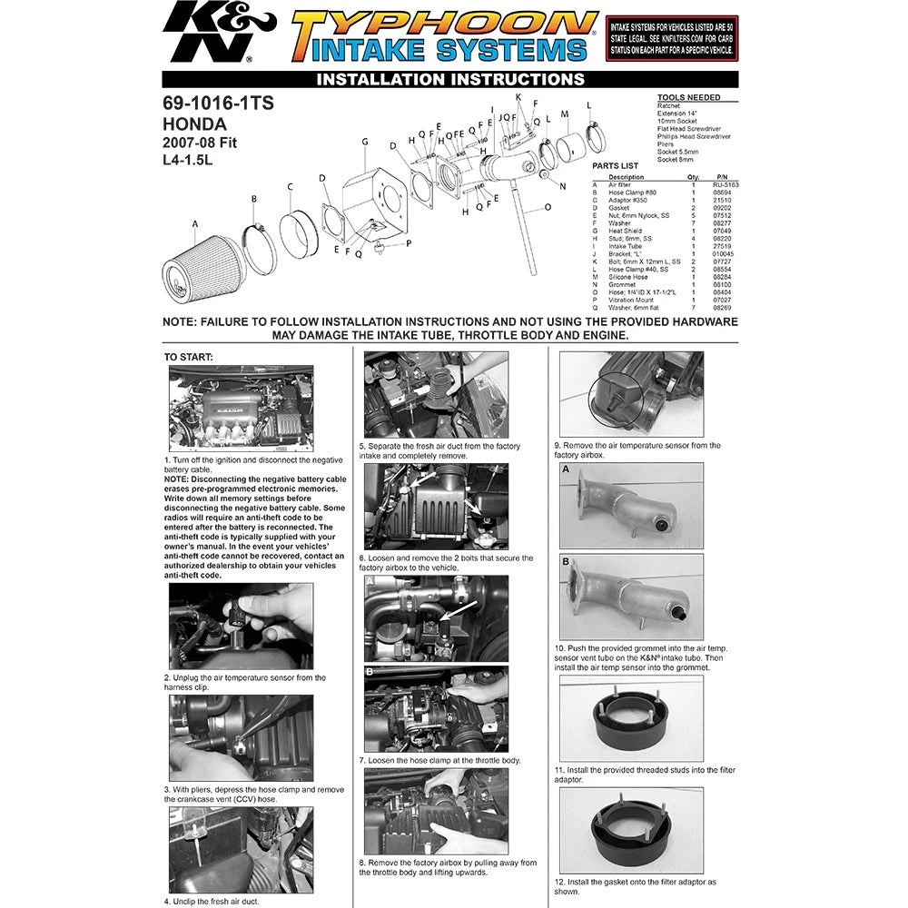 K&N Performance Intake Kit TYPHOON; HONDA FIT L4-1.5L, (SILVER) 07-08