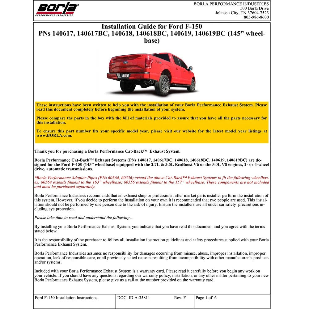 Borla 15-16 Ford F-150 3.5L EcoBoost Ext. Cab Std. Bed Catback Exhaust Touring Truck Side Exit