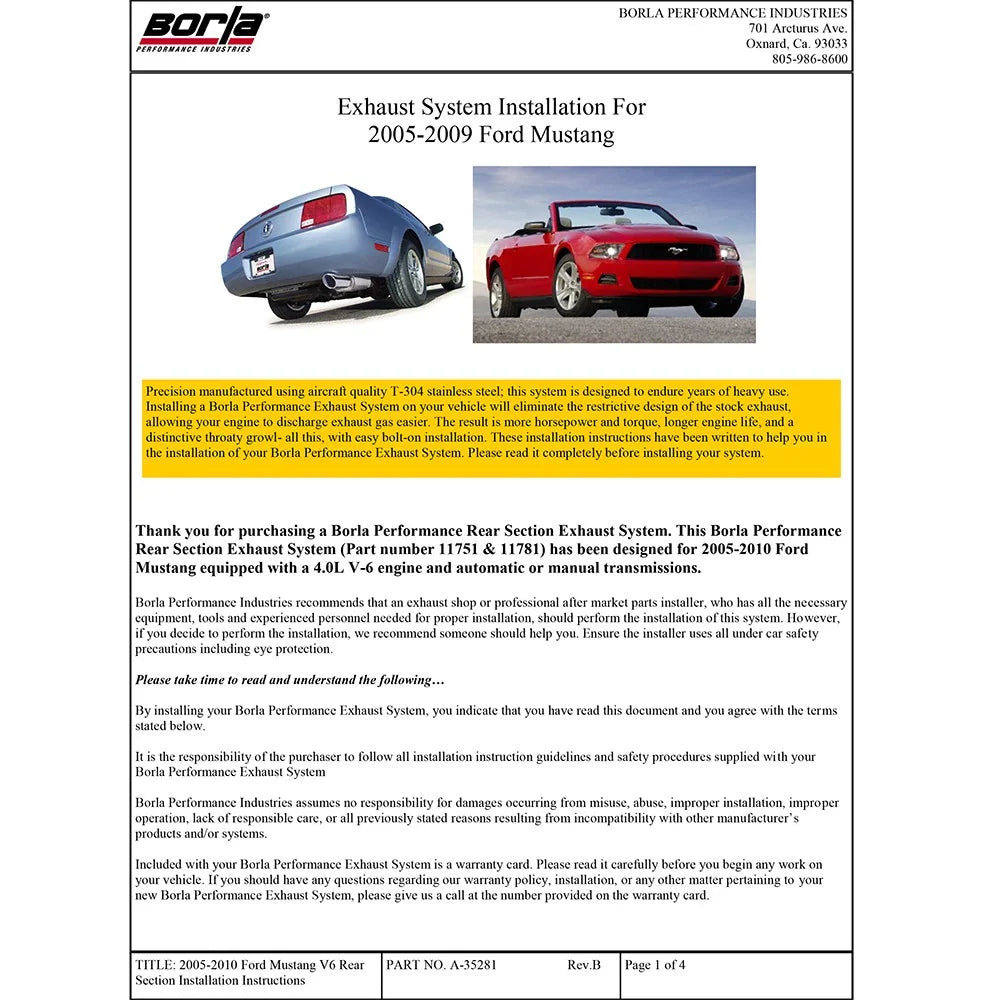 Borla 05-09 Mustang 4.0L V6 AT/MT RWD 2dr SS Exhaust (rear section only)