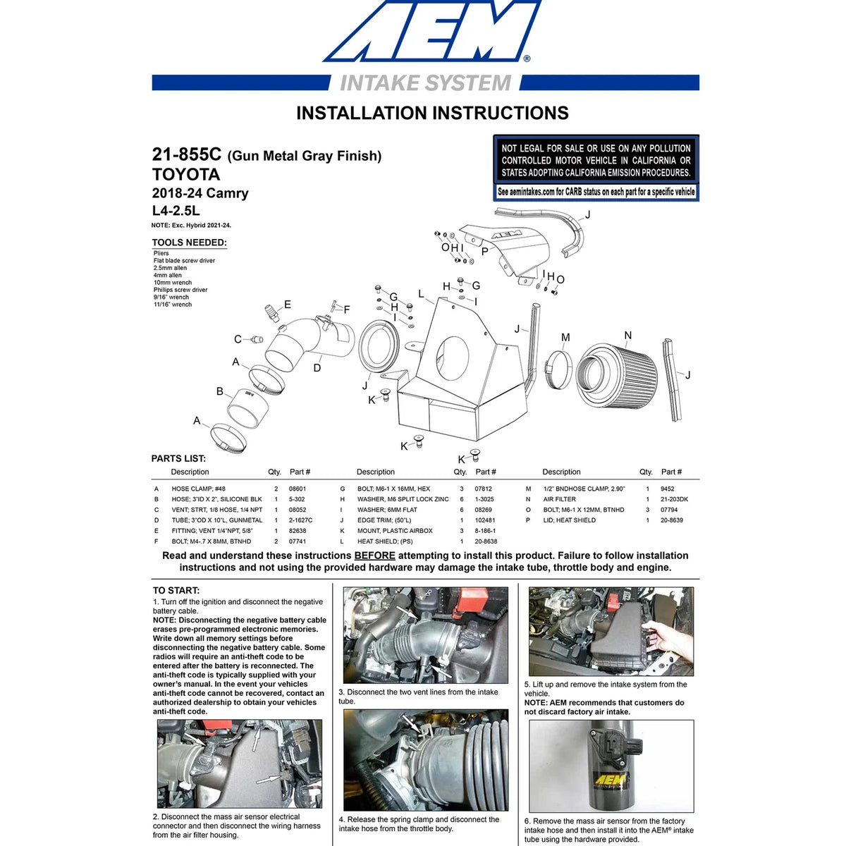 AEM 2018 C.A.S. Toyota Camry L4-2.5L F/I Cold Air Intake System
