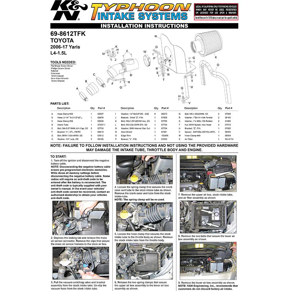 K&N 06-10 Toyota Yaris L4-1.5L Flat Black Typhoon Short Ram Intake