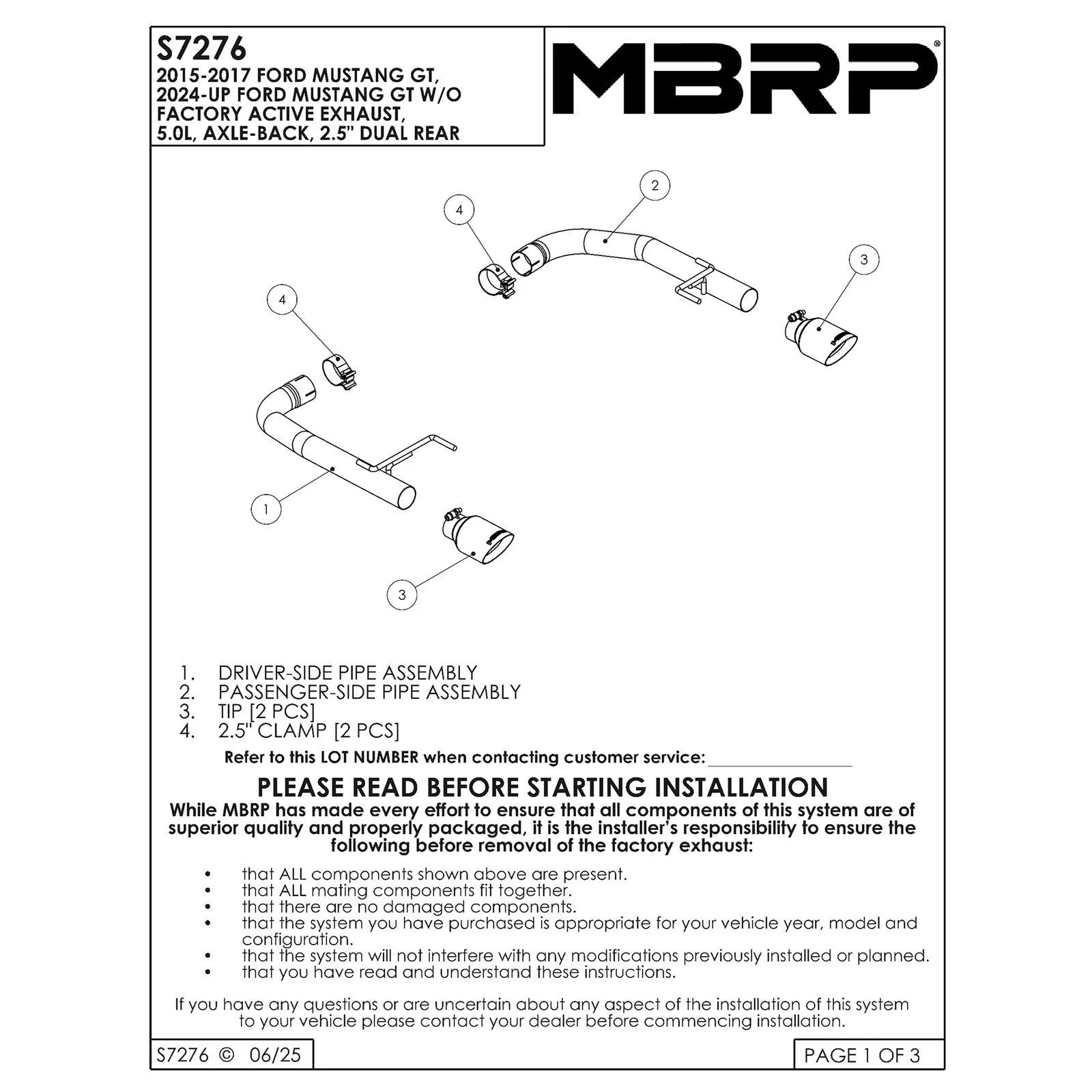MBRP 2015-2017 Ford Mustang GT 5.0 2-1/2in Axle Back Kit 304 - 4in OD Tips Included