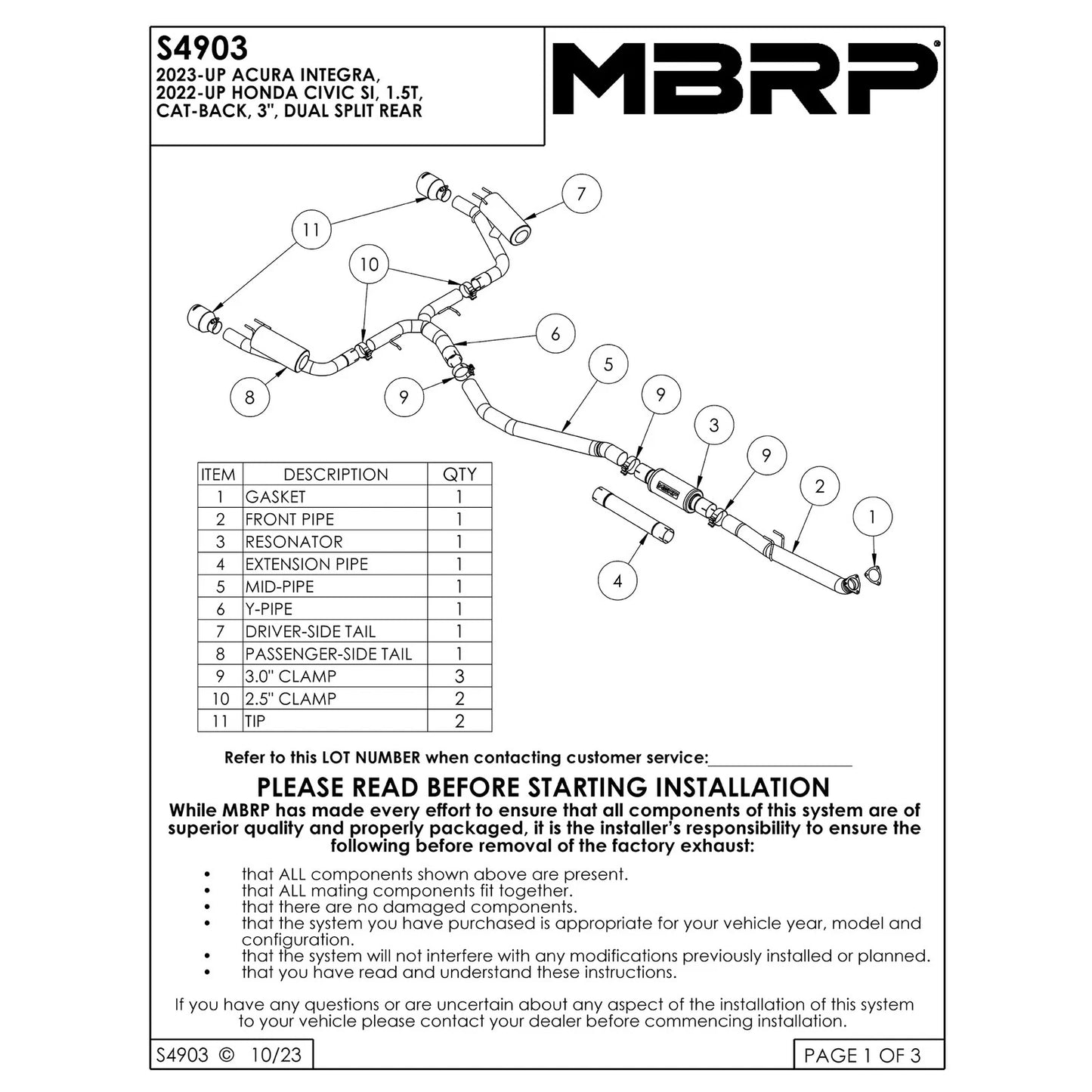 MBRP 22-24 Honda Civic SI 1.5L T304 SS 3in Cat-Back Exhaust 2.5in Dual Split Rear w/ CF Tips