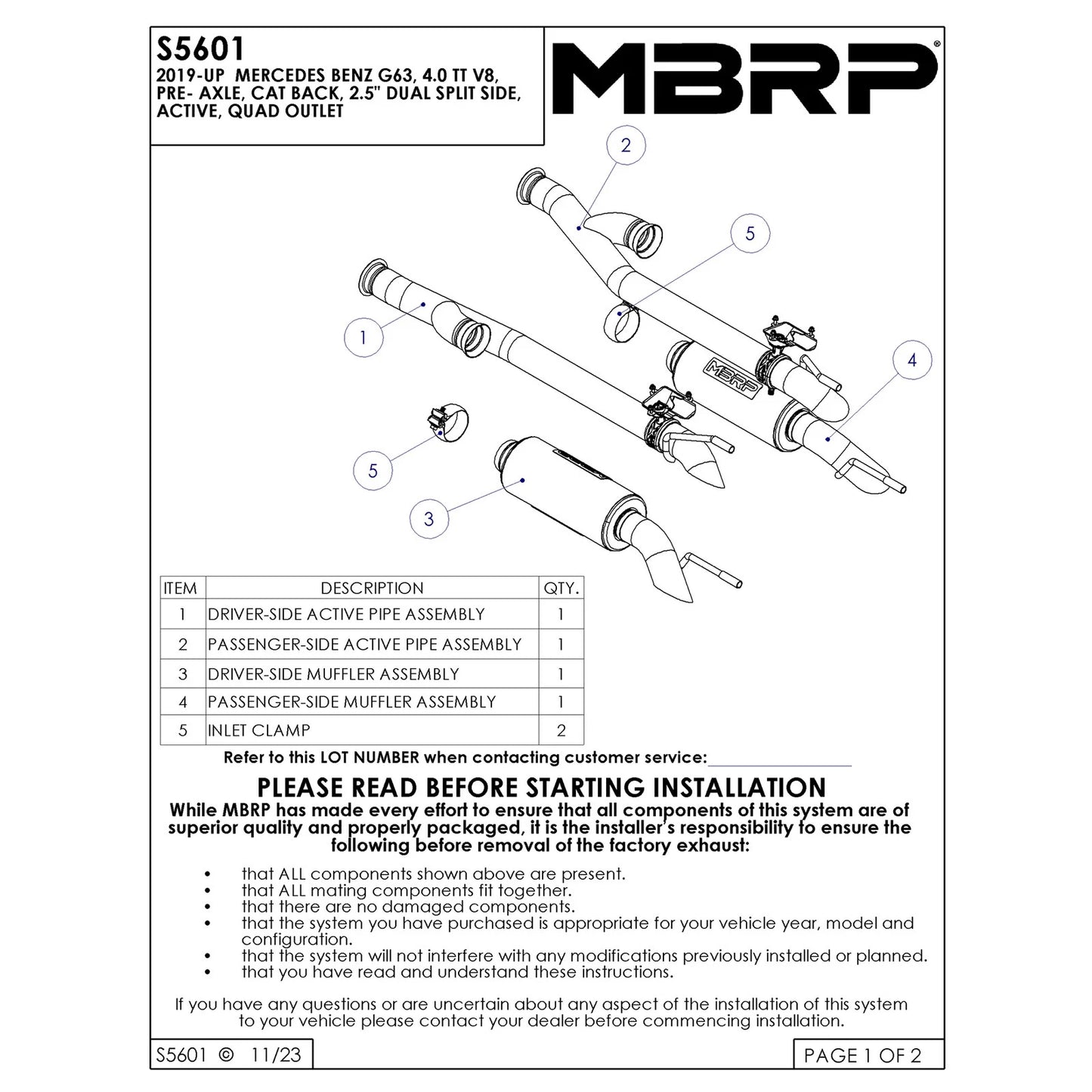 MBRP 19-23 Mercedes-Benz G63 4.0TT V8 T304 SS 2.5in Pre-Axle Cat-Back Exhaust Dual Split Quad Side