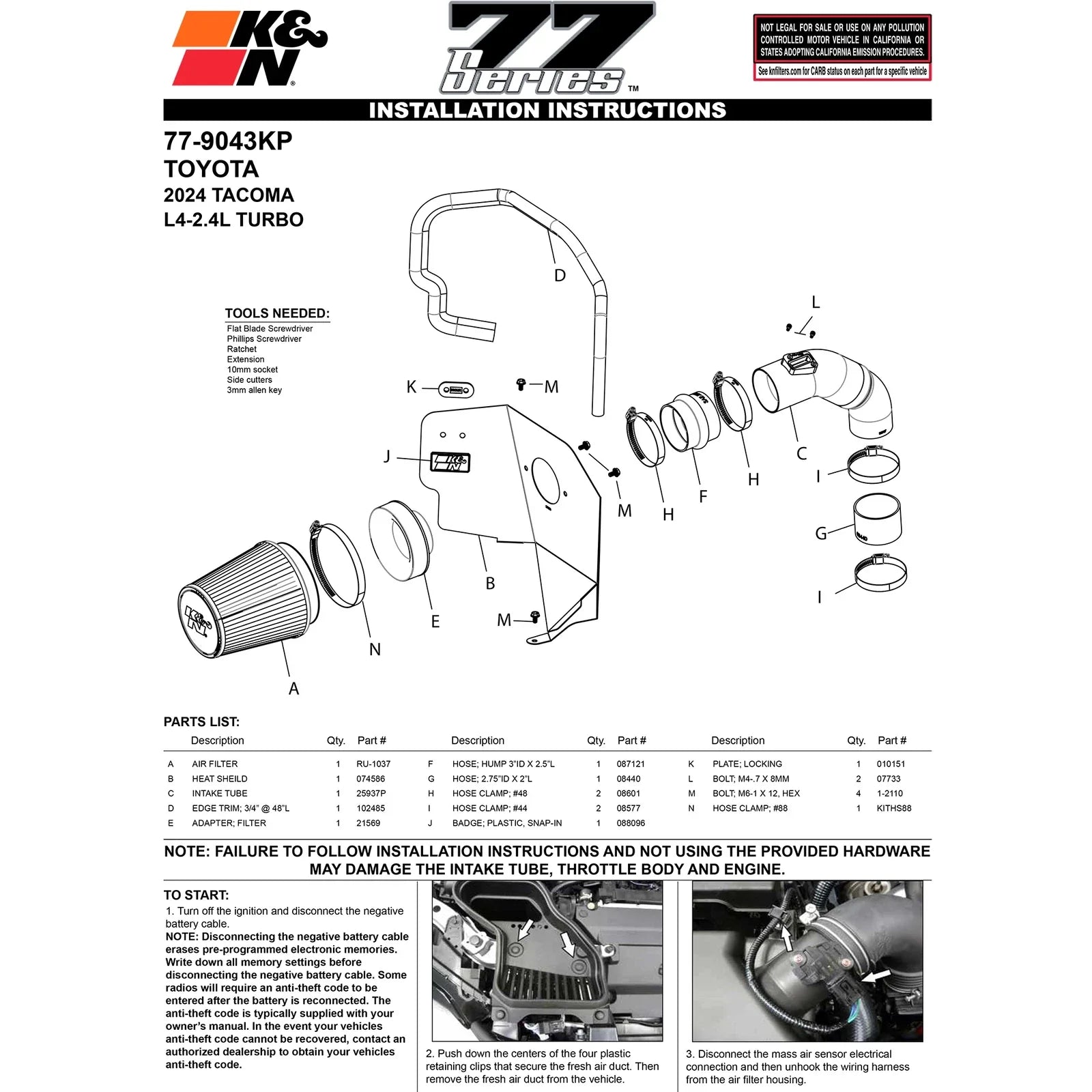 K&N 2024 Toyota Tacoma 77 Series Air Intake