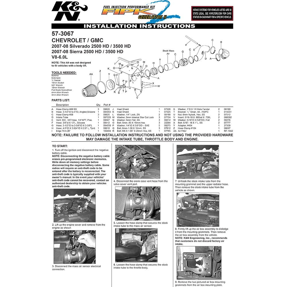 K&N 07-08 Chevrolet Silverado/GMC Sierra HD 6.0L V8 Performance Intake