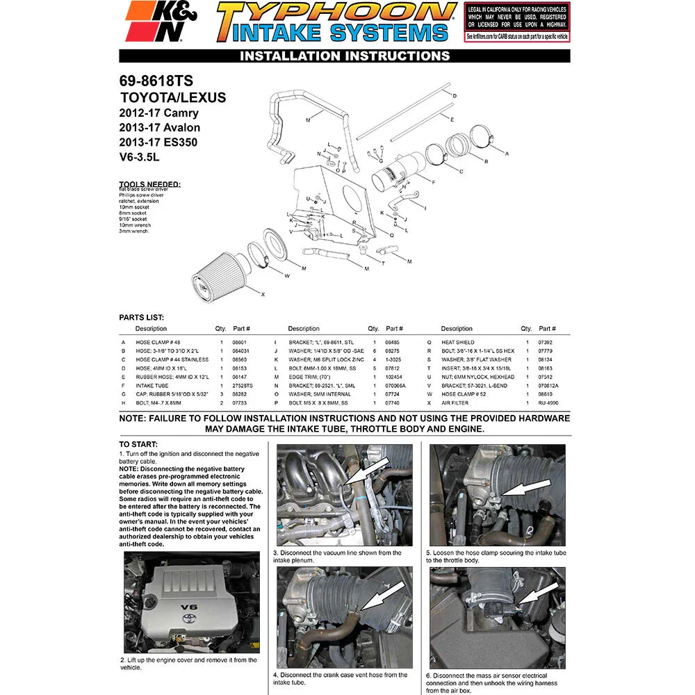 K&N 12 Toyota Camry 3.5L V6 Silver Short Ram Typhoon Intake
