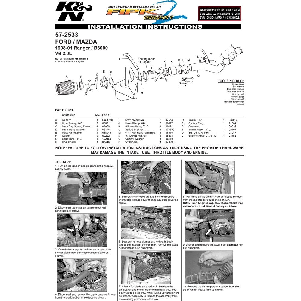 K&N 98-01 Ford Ranger / Mazda B3000 V6 3.0L Performance Intake Kit