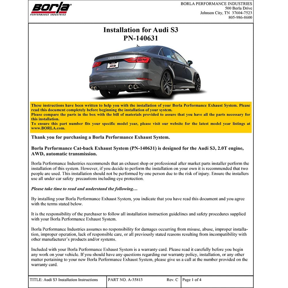 Borla 13-15 Audi S3 S-Type Dual Round Rolled Catback Exhaust