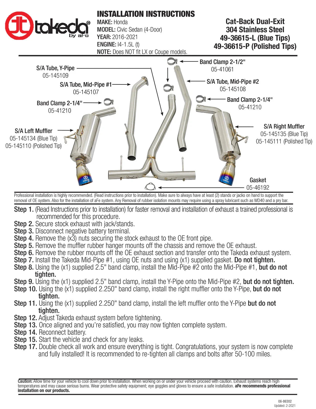 aFe POWER Takeda 16-17 Honda Civic I4-1.5L (t) 2.5-2.25in 304 SS CB Dual-Exit Exhaust Blue Tips