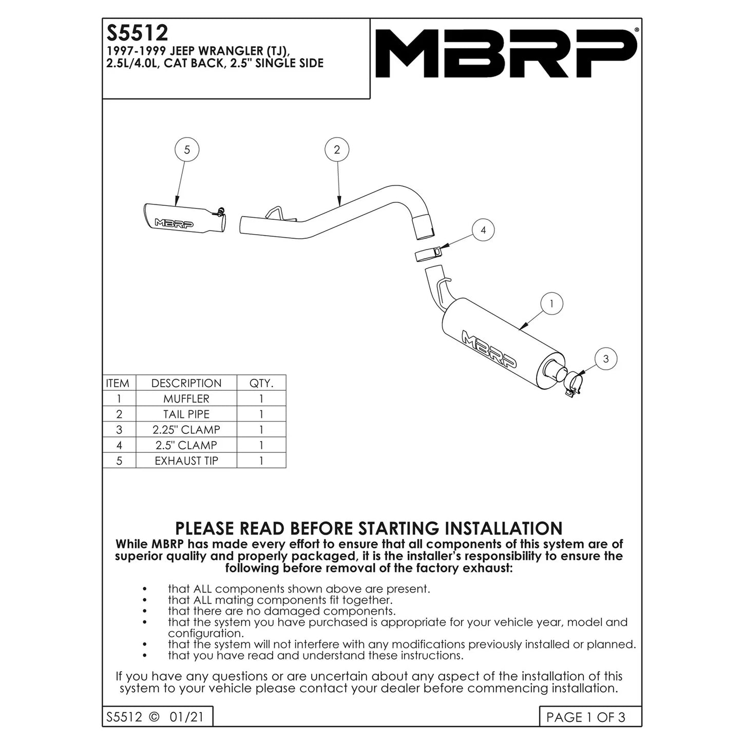 MBRP 1997-1999 Jeep Wrangler (TJ) Inline-4 2.5L Inline-6 4.0L Cat Back Single