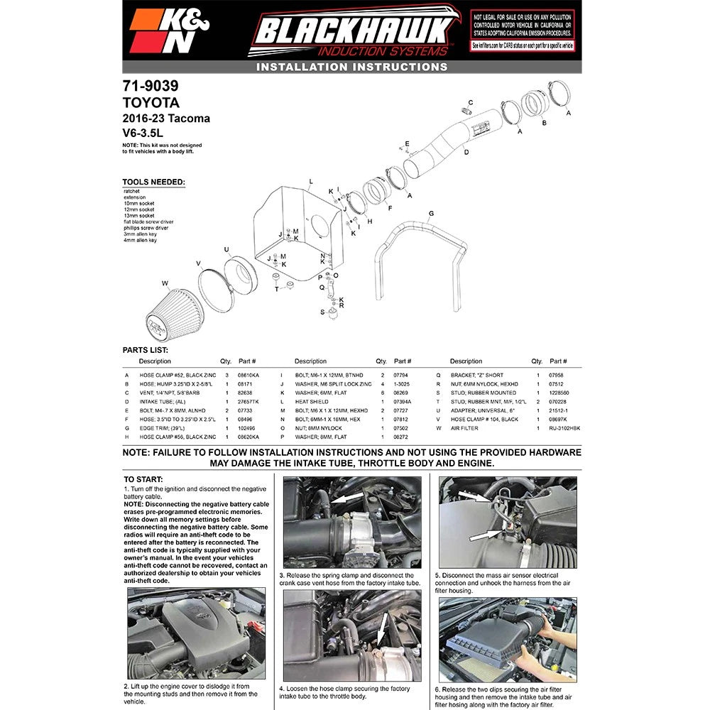 K&N 2016 Toyota Tacoma 3.5L Performance Intake Kit