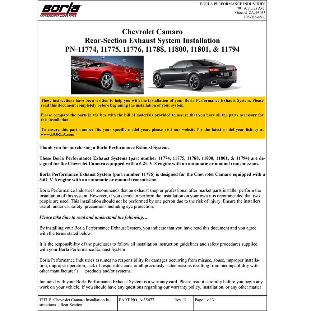Borla 10-11 Chevy Camaro SS Coupe/Convertible 6.2L 8cyl SS S-Type Exhaust (REAR SECTION ONLY)