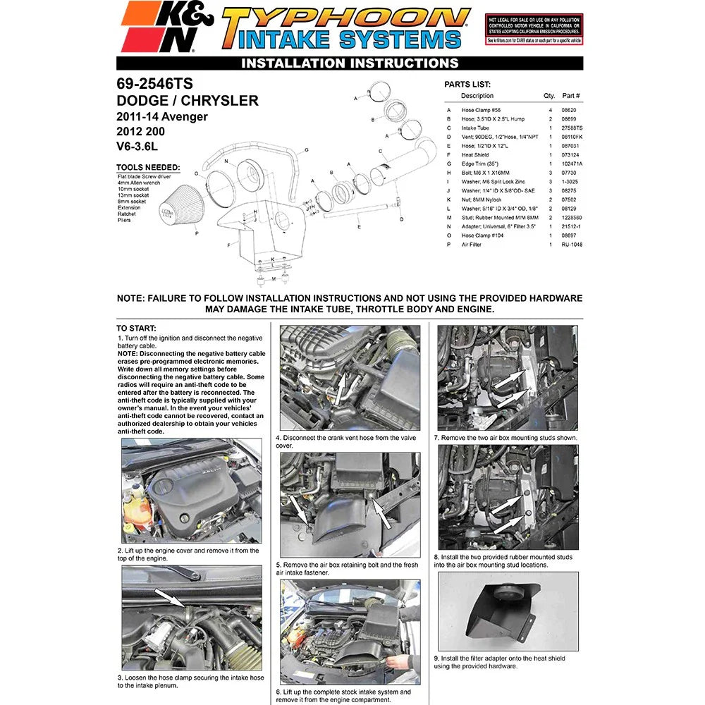 K&N 11-13 Dodge Avenger 3.6L V6 Silver Typhoon Intake