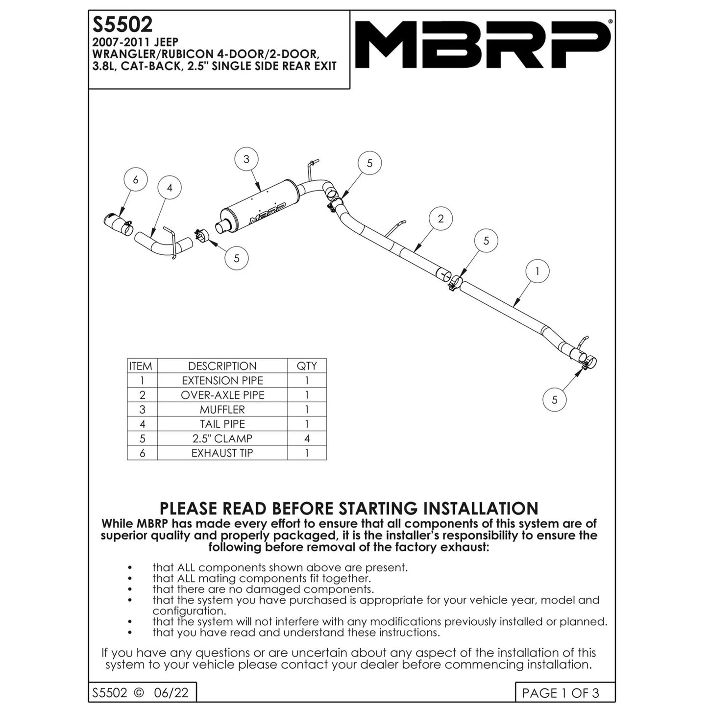 MBRP 2007-2009 Jeep Wrangler 4dr 3.8L V6 Cat Back Single